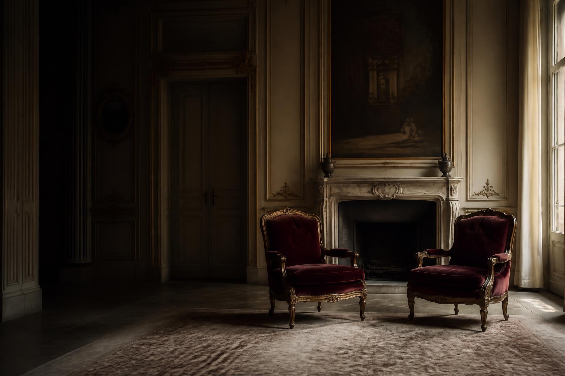 Two heirloom oxblood chairs angled toward one another in a private European estate salon.